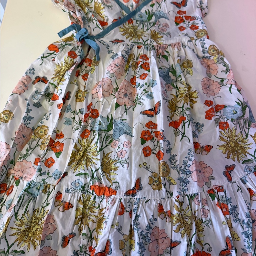 Tea Collection Floral Dress with Blue Cross Tie Accent